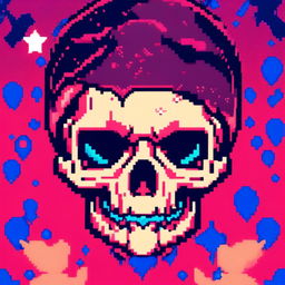 Pixel art profile picture featuring a detailed skull rendered in shades of electric blue against a deep red, starry background