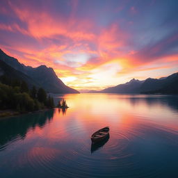 a serene landscape scene of a tranquil lake at sunset surrounded by towering mountains, the sky filled with vibrant hues of orange, pink, and purple reflecting off the calm water, with lush green trees on the shore and a small wooden boat gently floating near the edge, soft ripples creating mesmerizing patterns on the water's surface
