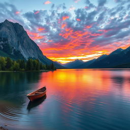 a serene landscape scene of a tranquil lake at sunset surrounded by towering mountains, the sky filled with vibrant hues of orange, pink, and purple reflecting off the calm water, with lush green trees on the shore and a small wooden boat gently floating near the edge, soft ripples creating mesmerizing patterns on the water's surface