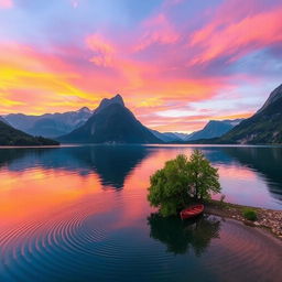 a serene landscape scene of a tranquil lake at sunset surrounded by towering mountains, the sky filled with vibrant hues of orange, pink, and purple reflecting off the calm water, with lush green trees on the shore and a small wooden boat gently floating near the edge, soft ripples creating mesmerizing patterns on the water's surface