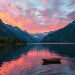 a serene landscape scene of a tranquil lake at sunset surrounded by towering mountains, the sky filled with vibrant hues of orange, pink, and purple reflecting off the calm water, with lush green trees on the shore and a small wooden boat gently floating near the edge, soft ripples creating mesmerizing patterns on the water's surface