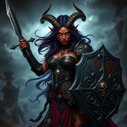 A striking female Tiefling Oathbreaker Paladin in a dramatic pose