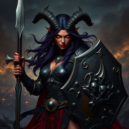 A striking female Tiefling Oathbreaker Paladin in a dramatic pose