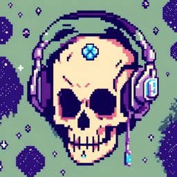 Pixel art profile picture featuring a detailed skull rendered in shades of electric blue against a deep green, starry background