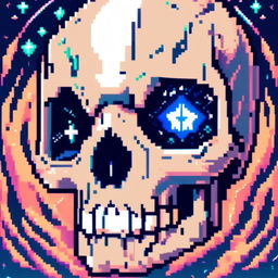 Pixel art profile picture featuring a detailed skull rendered in shades of electric blue against a deep green, starry background