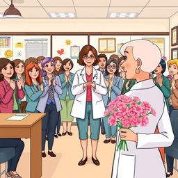 A heartwarming illustration featuring all the employees in an office applauding Dr
