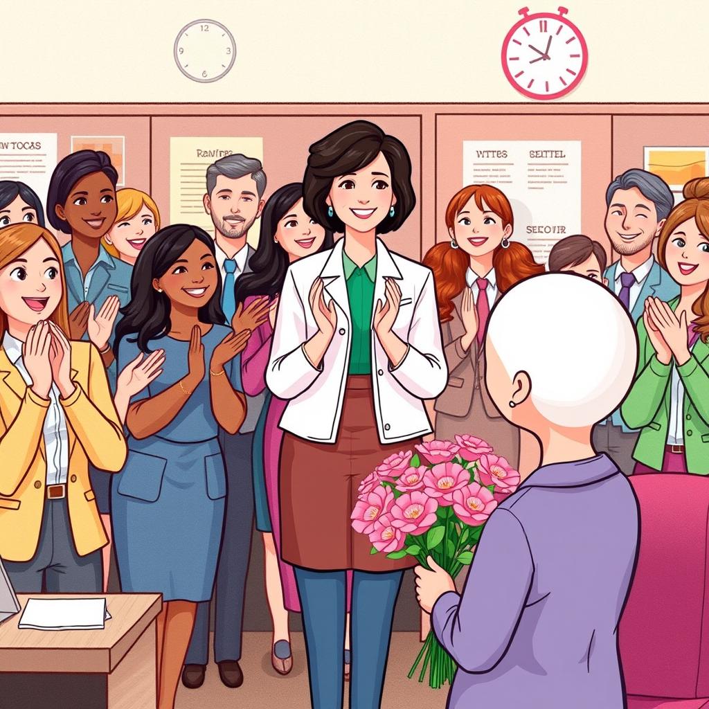 A heartwarming illustration featuring all the employees in an office applauding Dr