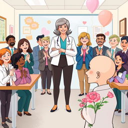 A heartwarming illustration featuring all the employees in an office applauding Dr