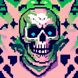 Pixel art profile picture featuring a detailed skull rendered in shades of electric blue against a deep green, starry background