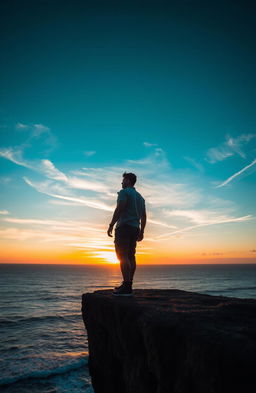 A solitary figure standing on a cliff edge, gazing into the horizon as the sun sets, with vibrant colors reflecting off the ocean