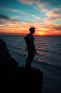 A solitary figure standing on a cliff edge, gazing into the horizon as the sun sets, with vibrant colors reflecting off the ocean