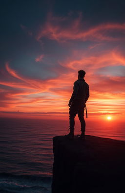 A solitary figure standing on a cliff edge, gazing into the horizon as the sun sets, with vibrant colors reflecting off the ocean