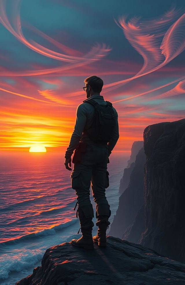 A solitary figure standing on a cliff edge, gazing into the horizon as the sun sets, with vibrant colors reflecting off the ocean