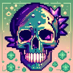 Pixel art profile picture featuring a detailed skull rendered in shades of electric blue against a deep green, starry background