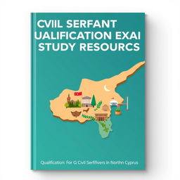 A dynamic and engaging book cover design for study resources aimed at the qualification exam for civil servants in Northern Cyprus