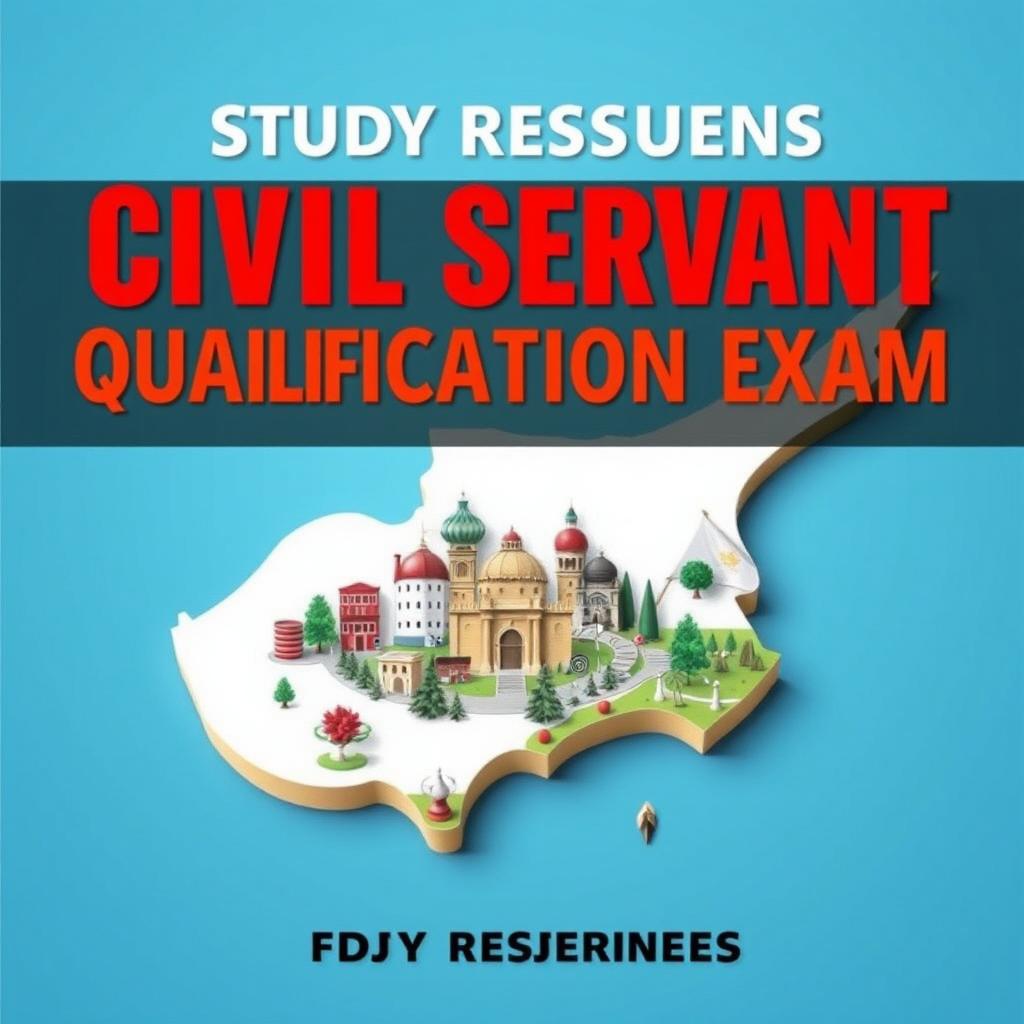 A dynamic and engaging book cover design for study resources aimed at the qualification exam for civil servants in Northern Cyprus