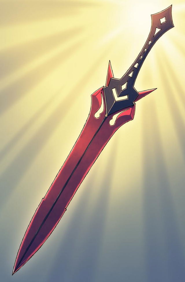 A beautiful sword named the 'Harmony Blade' standing majestically in a sunny, cheerful environment