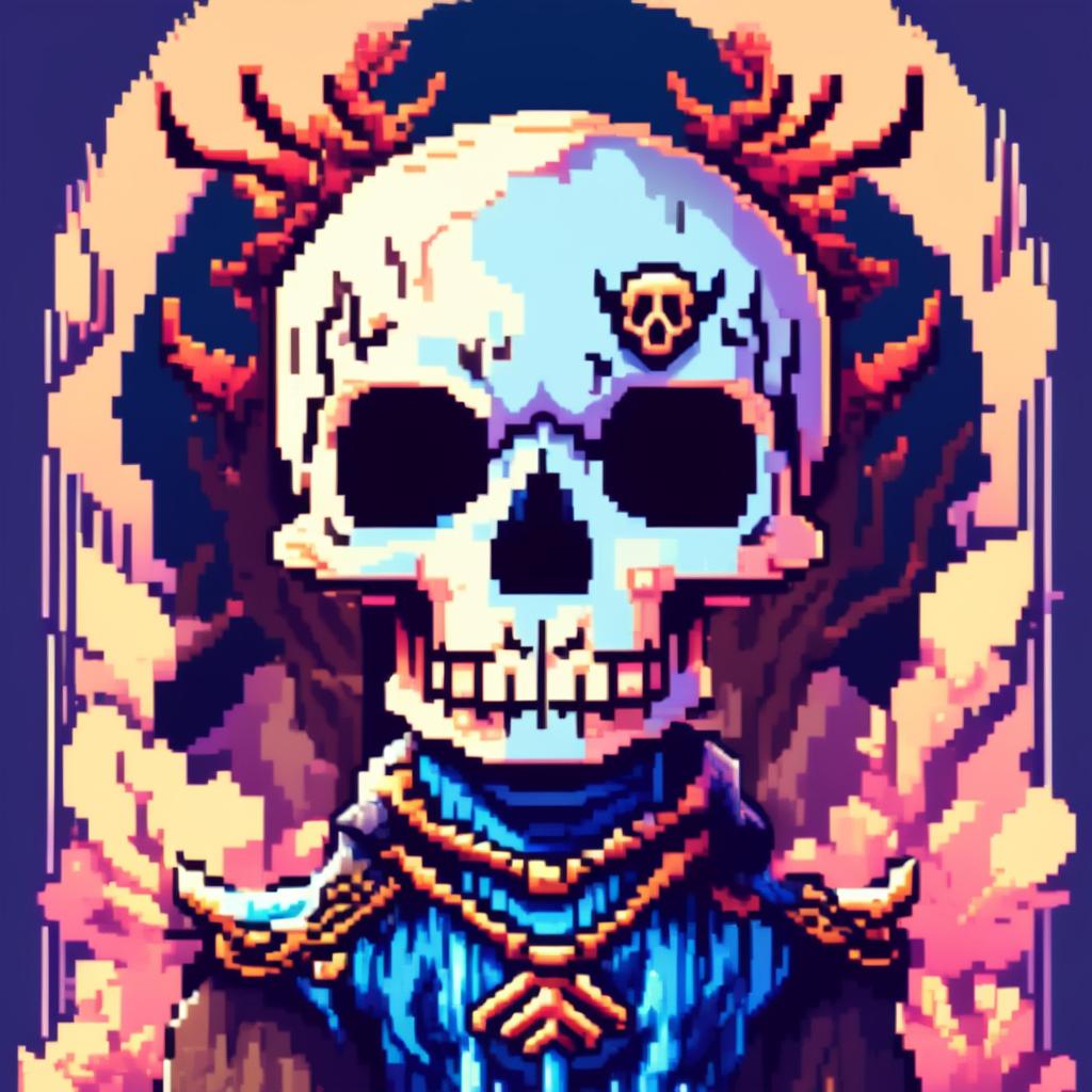 Pixel art profile picture featuring a detailed skull rendered in shades of electric blue against a fantasy background filled with pixelated mythical creatures and enchanted forests