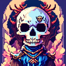 Pixel art profile picture featuring a detailed skull rendered in shades of electric blue against a fantasy background filled with pixelated mythical creatures and enchanted forests