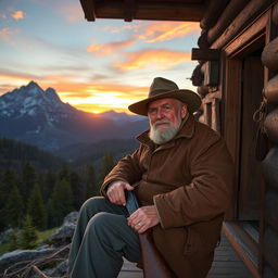 An elderly man with a rugged appearance, sitting on the porch of a rustic cabin nestled in the mountains, surrounded by a breathtaking landscape of towering peaks and dense forests