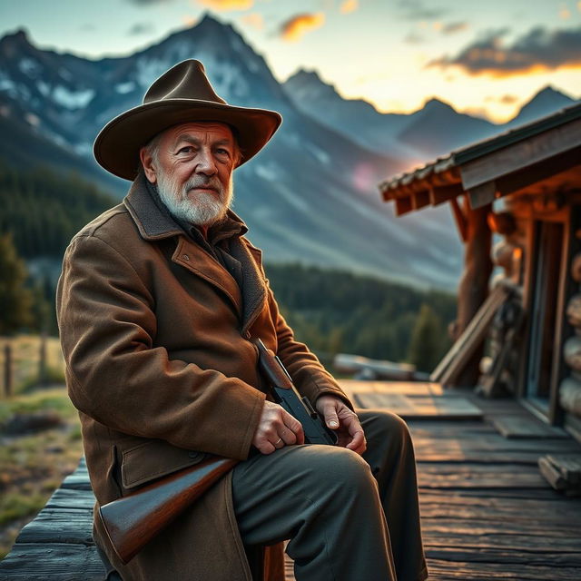 An elderly man with a rugged appearance, sitting on the porch of a rustic cabin nestled in the mountains, surrounded by a breathtaking landscape of towering peaks and dense forests