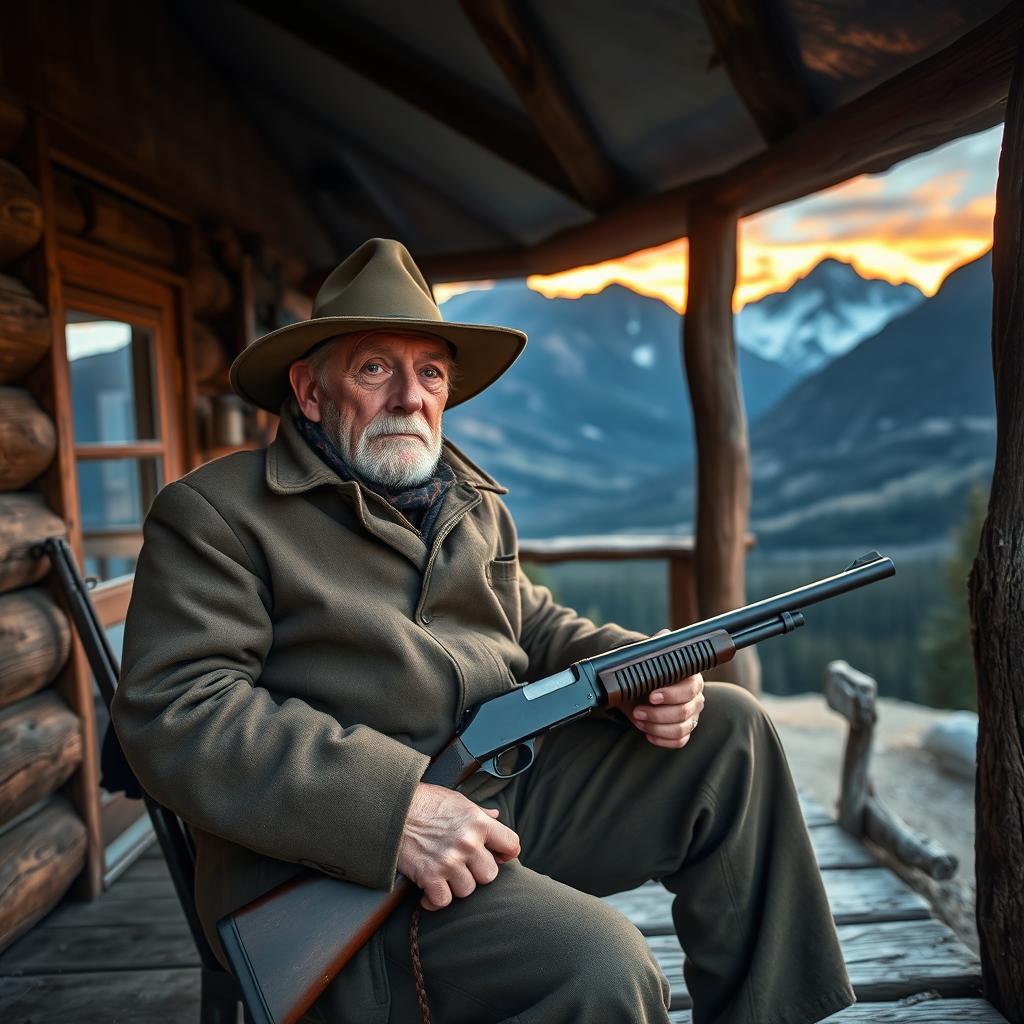 An elderly man with a rugged appearance, sitting on the porch of a rustic cabin nestled in the mountains, surrounded by a breathtaking landscape of towering peaks and dense forests