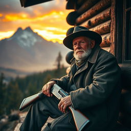 An elderly man with a rugged appearance, sitting on the porch of a rustic cabin nestled in the mountains, surrounded by a breathtaking landscape of towering peaks and dense forests