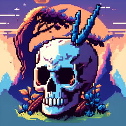 Pixel art profile picture featuring a detailed skull rendered in shades of electric blue against a fantasy background filled with pixelated mythical creatures and enchanted forests