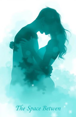 Two lovers embracing tenderly in a dreamlike atmosphere, surrounded by a gentle swirl of aqua tones