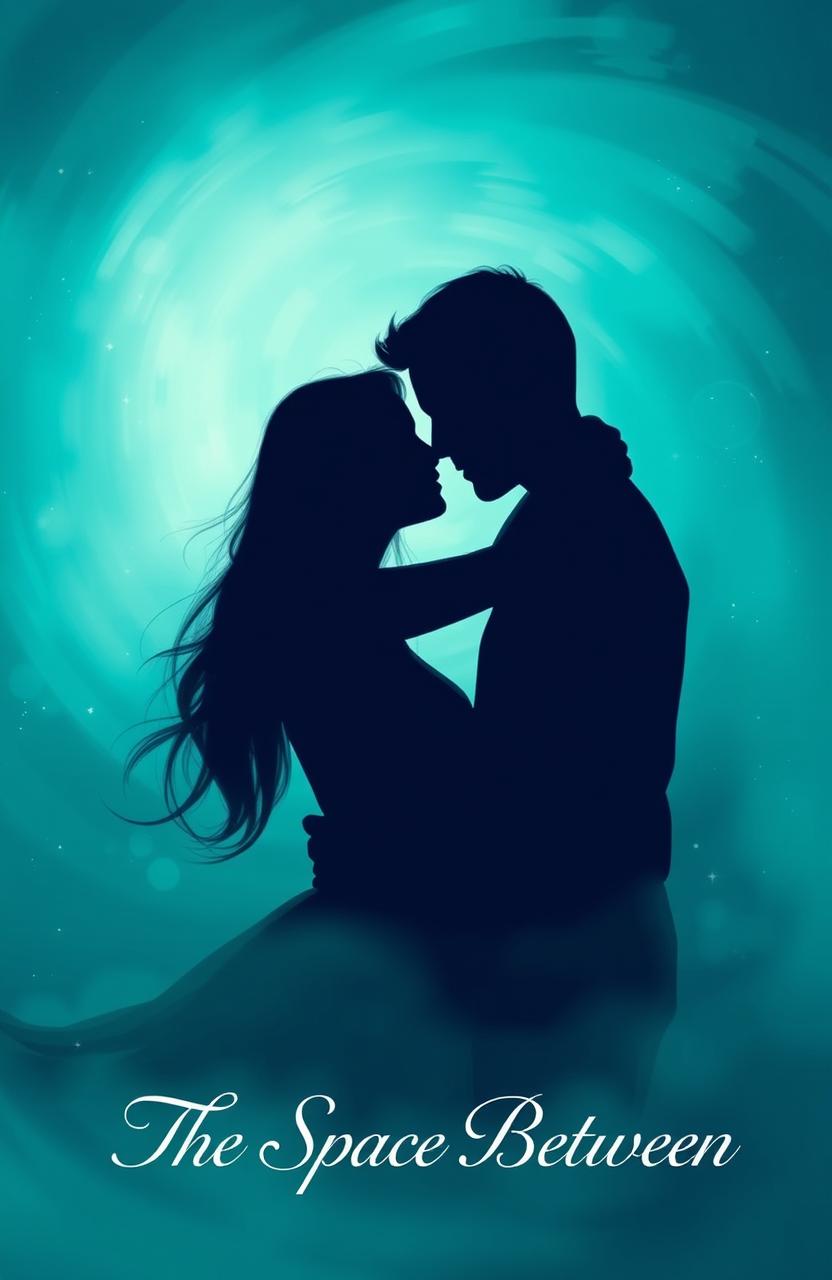 Two lovers embracing tenderly in a dreamlike atmosphere, surrounded by a gentle swirl of aqua tones