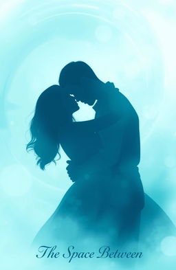 Two lovers embracing tenderly in a dreamlike atmosphere, surrounded by a gentle swirl of aqua tones