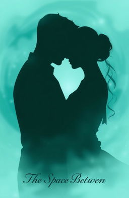 Two lovers embracing tenderly in a dreamlike atmosphere, surrounded by a gentle swirl of aqua tones