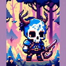 Pixel art profile picture featuring a detailed skull rendered in shades of electric blue against a fantasy background filled with pixelated mythical creatures and enchanted forests