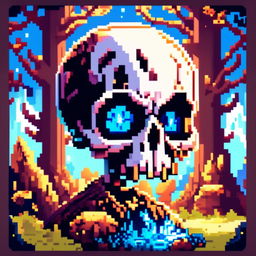 Pixel art profile picture featuring a detailed skull rendered in shades of electric blue against a fantasy background filled with pixelated mythical creatures and enchanted forests