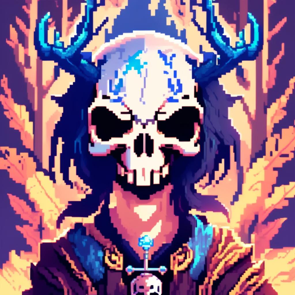 Pixel art profile picture featuring a detailed skull rendered in shades of electric blue against a fantasy background filled with pixelated mythical creatures and enchanted forests