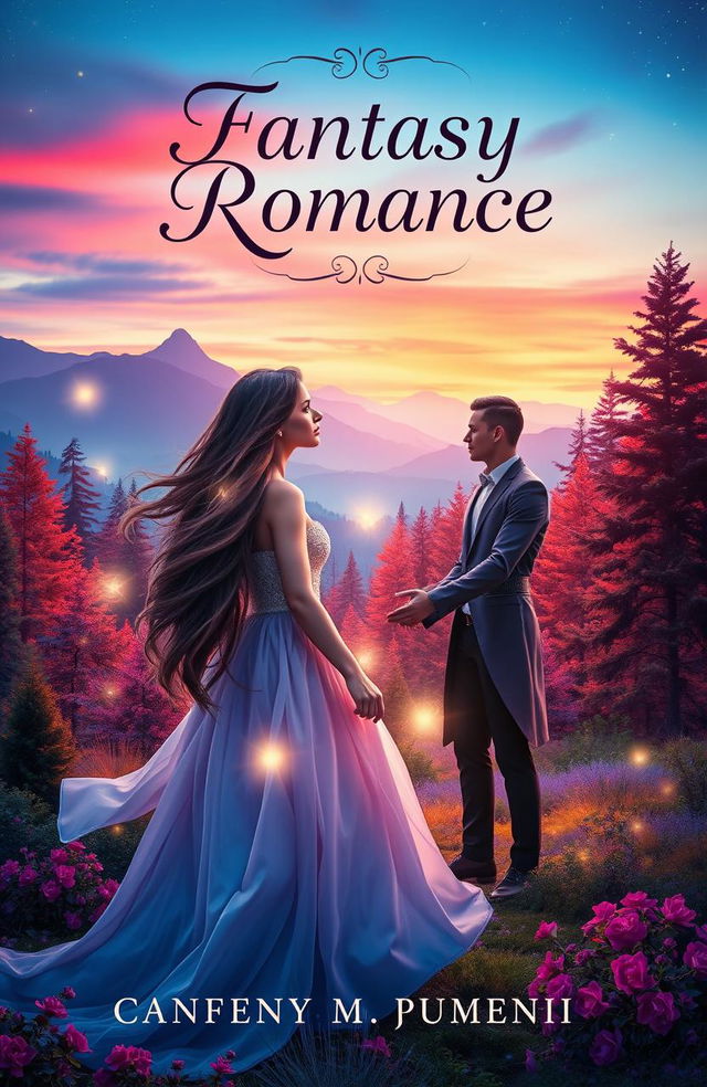 A stunning fantasy romance book cover featuring a mystical forest with vibrant colors