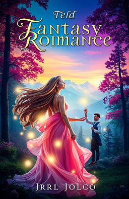 A stunning fantasy romance book cover featuring a mystical forest with vibrant colors