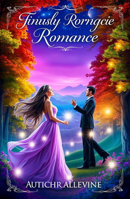 A stunning fantasy romance book cover featuring a mystical forest with vibrant colors