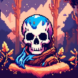 Pixel art profile picture featuring a detailed skull rendered in shades of electric blue against a fantasy background filled with pixelated mythical creatures and enchanted forests