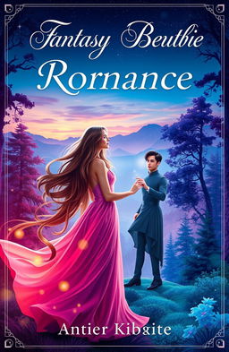 A stunning fantasy romance book cover featuring a mystical forest with vibrant colors