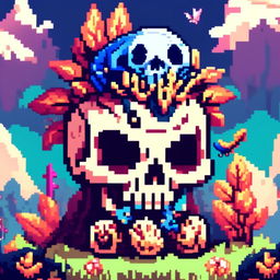 Pixel art profile picture featuring a detailed skull rendered in shades of electric blue against a fantasy background filled with pixelated mythical creatures and enchanted forests