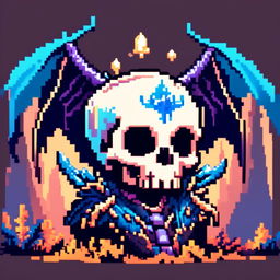 Pixel art profile picture featuring a detailed skull rendered in shades of electric blue against a fantasy background filled with pixelated mythical creatures and enchanted forests