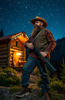 A rugged man with a thick beard standing on a mountain, living in a rustic cabin