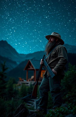 A rugged man with a thick beard standing on a mountain, living in a rustic cabin