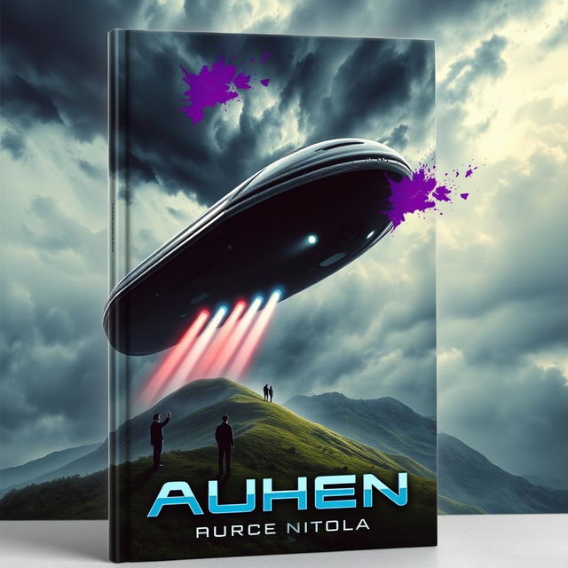 A striking book cover design depicting a massive, sleek alien spaceship descending gracefully towards a lush, green hillside under a stormy sky