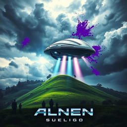 A striking book cover design depicting a massive, sleek alien spaceship descending gracefully towards a lush, green hillside under a stormy sky