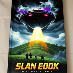 A striking book cover design depicting a massive, sleek alien spaceship descending gracefully towards a lush, green hillside under a stormy sky