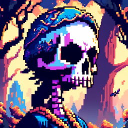 Pixel art profile picture featuring a detailed skull rendered in shades of electric blue against a fantasy background filled with pixelated mythical creatures and enchanted forests