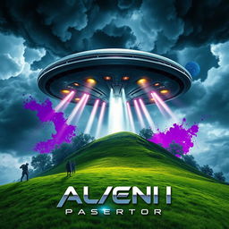 A striking book cover design depicting a massive, sleek alien spaceship descending gracefully towards a lush, green hillside under a stormy sky