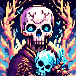 Pixel art profile picture featuring a detailed skull rendered in shades of electric blue against a fantasy background filled with pixelated mythical creatures and enchanted forests